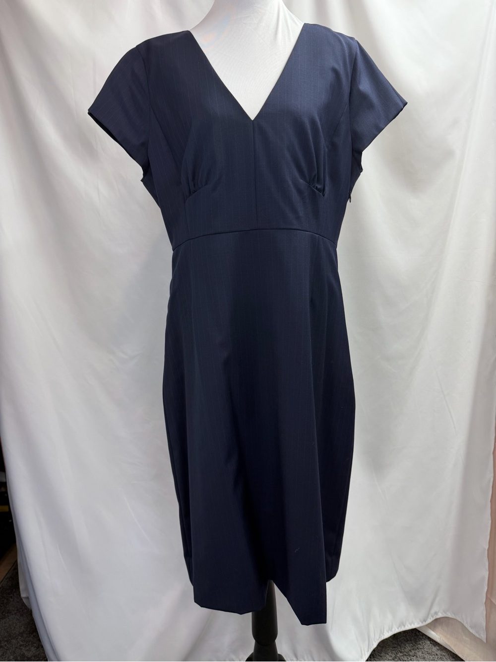 J.Crew Suiting Navy Pinstripe Cap Sleeve V-Neck Sheath Dress Wool Blend Size 12